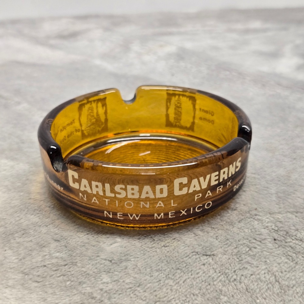 Vintage Carlsbad Caverns National Park Amber Glass Ashtray Souvenir New Mexico